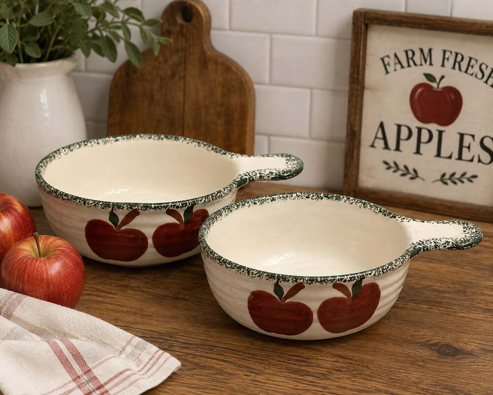 Set of 2 Alco Industries Hand Painted Apple Pattern Stoneware Handle Bowls